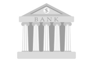 bank building sign. Classical Greece Roman architecture in white with Ionic columns, clock. web icon, isolated vector illustration