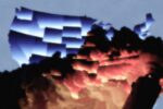 Illustration of the USA in blue with red clouds of smoke covering half of the image