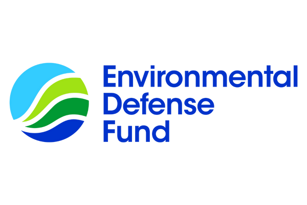Environmental Defense Funds logo with blue text and a circle with shades of blue and green