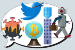 Image with a number of icons pictured inside of a speech bubble. Icons include a walking robot, bitcoin image, Twitter logo wearing a muzzle, and more.