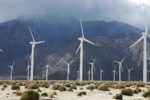 Wind turbines operate at a wind farm, a key power source for the Coachella Valley, on February 22, 2023 in Palm Springs, California