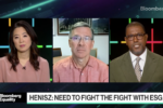 Scarlet Fu, Witold Henisz, and Romaine Bostick pictured during the live show. Bottom of screen says "Henisz: Need to fight the fight with ESG"