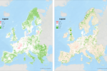 Changes in NDVI between 1985 and 2020 for all of Europe (left) and inside protected areas (right). NDVI is on a scale from 0-100, with values >80 usually being forests.