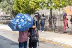 An adult holding an umbrella with a Starry Night pattern on it puts their arm around a child wearing a backpack, from the back, walking down a road next to a a gated schoolyard with a large tree and other people standing behind it.