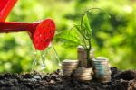 A red watering can pours water on a stack of coins, a small green sprout, and a mount of dirt, in front of a green background.