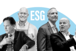 Black and white photos of Nick Clegg, Glen Fogel, Michael Miebach, and Ted Decker in front of a blue semi circle with white letters in the center that say ESG.