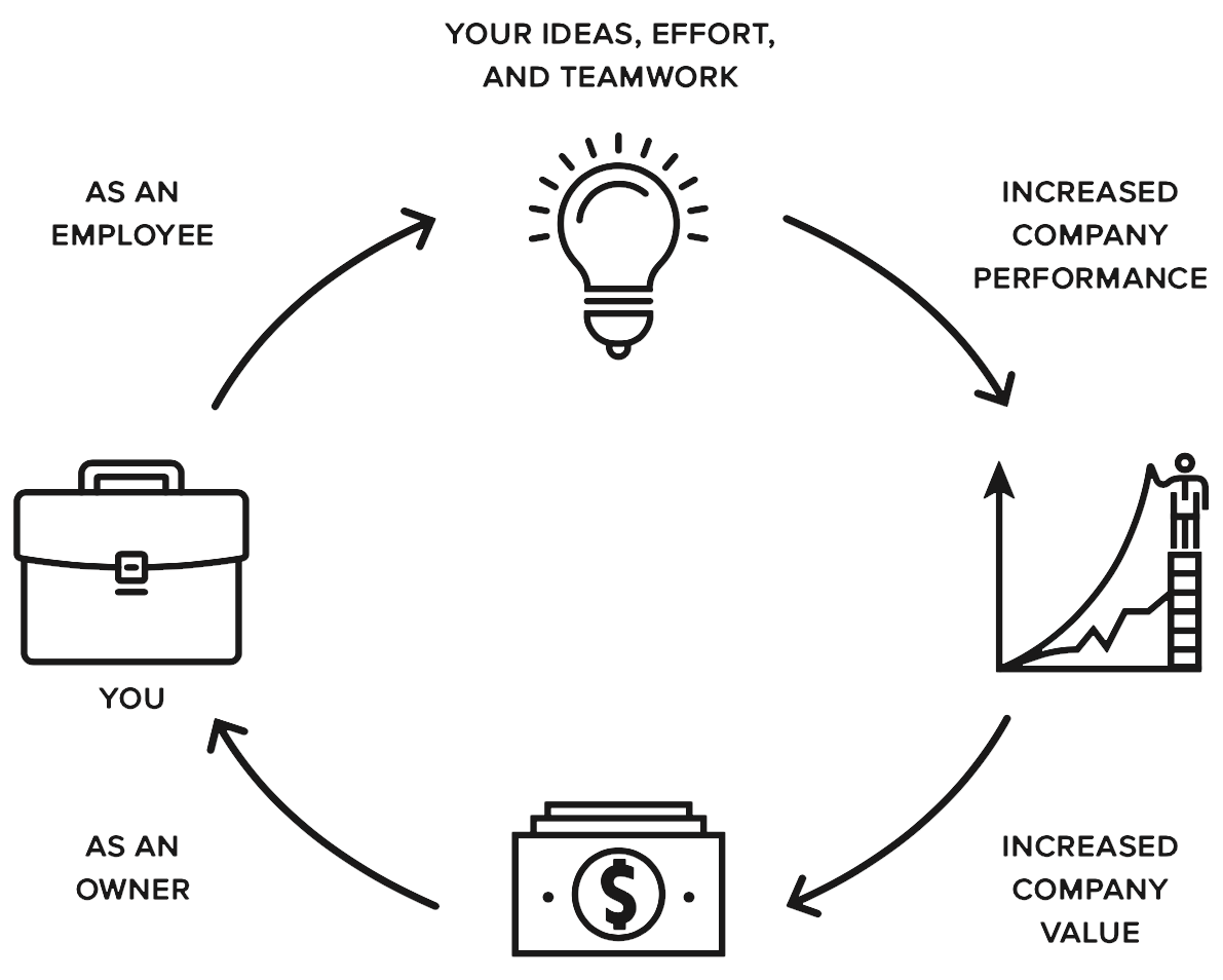 A graphic with arrows depicting the cycle of employee ownership. It shows that as an employee your ideas, effort, and teamwork lead to increased company performance and increased company value, feeding into you as an owner.