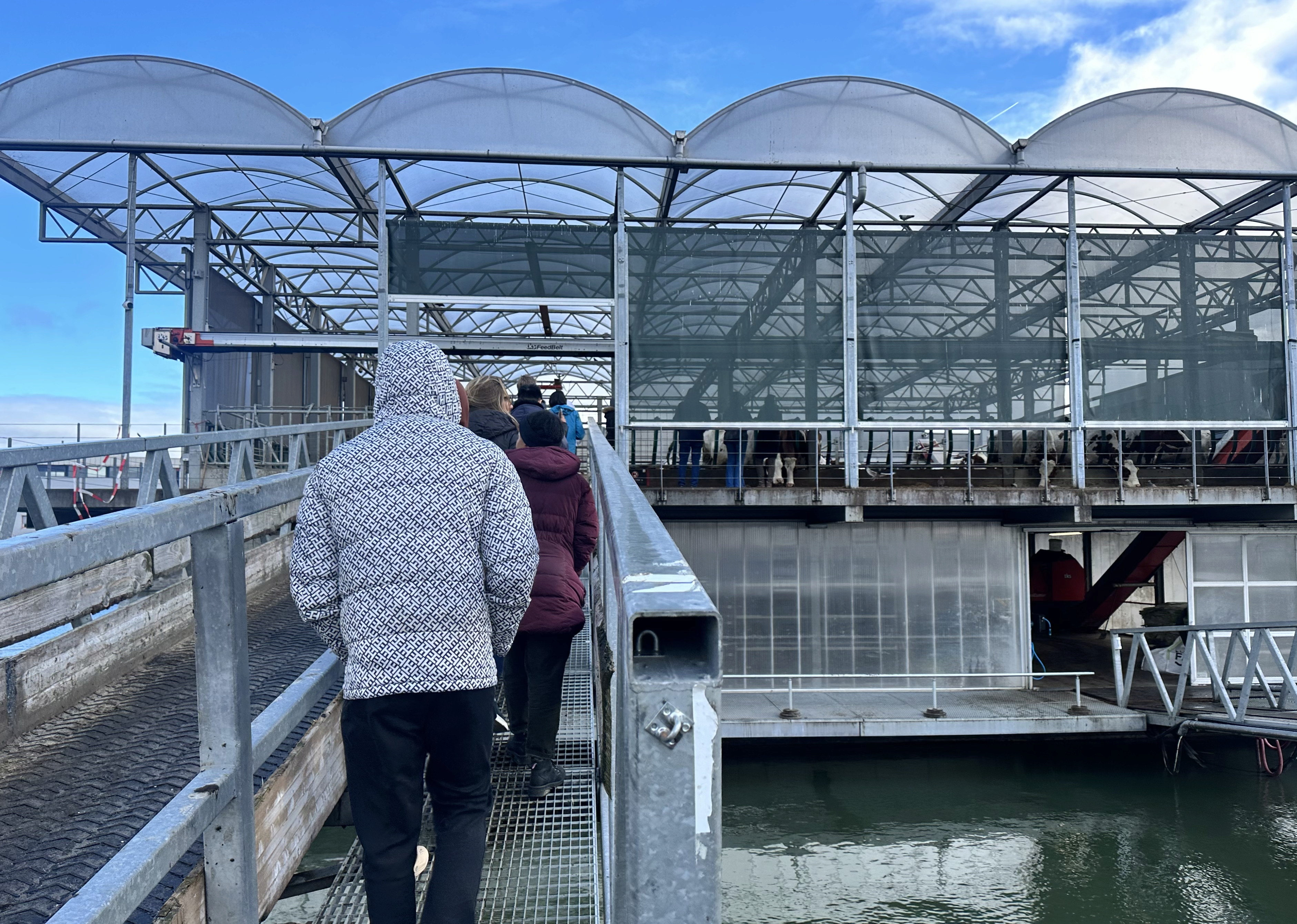 Image of students in winter coats walking over a bridge to reach Rotterdam’s Floating Farm