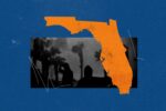 An orange outline of Florida is atop a black and white photo of silhouettes of people and trees, set on top of a blue blackground, with scratches over the top of the image.