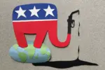 A Republican elephant drips gas out of its trunk which is a gas pump, while standing on a small globe in front of a grey background.