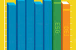 Illustration of a bar graph on a yellow background, with five blue columns, a green column reading ESG and an orange column reading DEI.