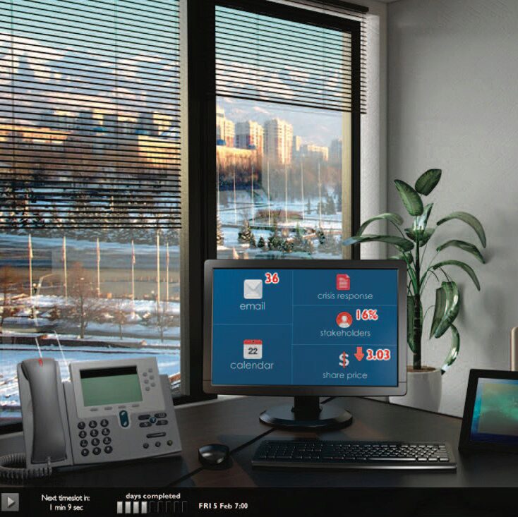 A simulated image of a computer, phone, coffe cup and screen sit on a desk in an office with a plant, table and chair, in front of a window with blinds that shows a city scape in the background.