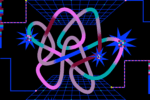 A colorful squiggle sits atop a black background with grids and dotted lines receding behind it.