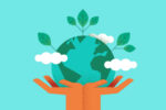 A cartoon drawing of hands holding up a globe with clouds and leaves sprouting from it, in front of a turquoise background.