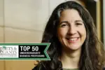 Sarah Light smiles into the camera. A graphic reads "Top 50 Undergraduate Business Professors" over the top.
