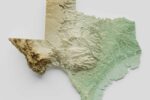 Topographical map of Texas outline on a blank background.
