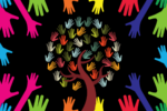 The outline of hands in different colors reach toward a central tree, whose leaves are the outlines of colorful hands. The background is black.