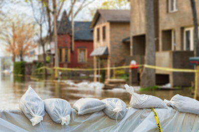 Close shot of flood protection sandbags with flooded homes in the background and caution tape