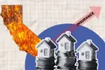 A graphic of California, three small homes atop piles of coins and an arrow reading "INSURANCE" sit in front of a blue circle on top of blank graph paper.