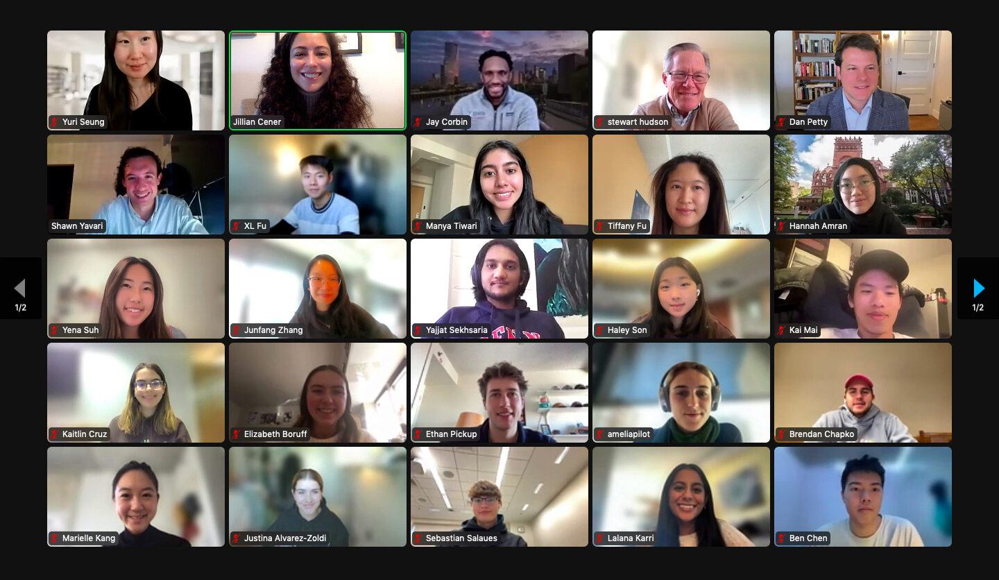 Screenshot of a Zoom showing 25 people smiling, including 2 Bendheim Awardees, Turner ESG Fellows, and ESG Initiative staff.