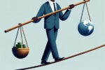 A business man walks on a high wire holding a balance stick with piles of coins on one side and a globe on the other.