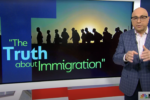 Ali Velshi stands in front of a tv monitor that reads "The Truth about Immigration"