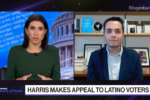 Split screen of Kailey Leinz and Zeke Hernandez with a banner that reads "HARRIS MAKES APPEAL TO LATINO VOTERS" and the Bloomberg logo.