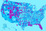 Map of the US with areas highlighted in shades of blue and purple.