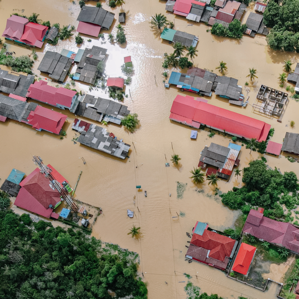 Stock image of a flooded town.